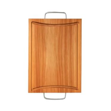 Imagem de Tábua de Carne em Eucalipto Rústica com Alça Inox e Canaleta | Tábua de Churrasco Sustentável 34x21cm(kit com 02 unidades)
