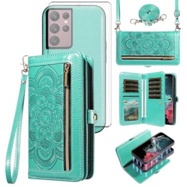 Imagem de Asuwish Capa de celular para Samsung Galaxy S22 Ultra 5G com zíper carteira celular com protetor de tela de vidro temperado alça de pulso flor flip porta-cartão de crédito S22ultra 22S S 22 S22ultra5g