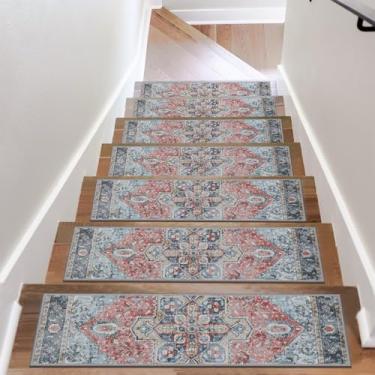 Imagem de Passos de escada antiderrapantes para degraus de madeira 76.2 cm x 20.3 cm corredor de escada interior azul/vermelho tapete com fundo de borracha degraus de escada escada tapetes macios para crianças