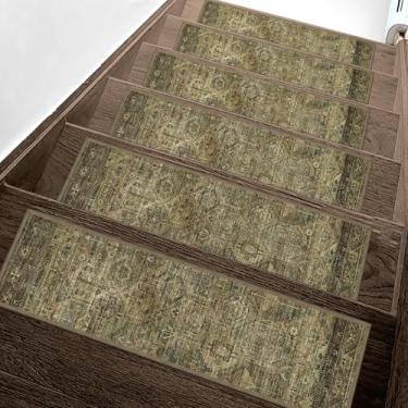 Imagem de Tapete de escada antiderrapante Sálvia/carvão 20 x 76 cm corredor de escada para degraus de madeira internos, tapetes de escada resistentes tapete livre de resíduos para crianças, idosos, animais de