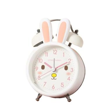 Imagem de Despertador para quarto de crianças coelho fofo despertador silencioso sem tique-taque relógio de viagem com luz noturna, relógio de mesa operado por bateria (branco)