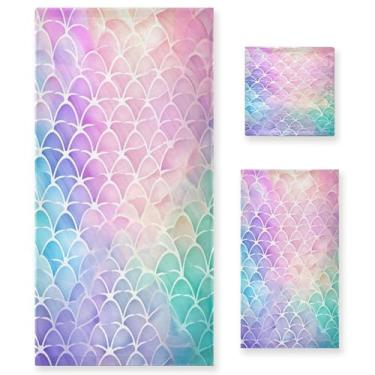 Imagem de xigua Conjunto de toalhas de banheiro em escala de sereia arco-íris macio absorvente de 3 peças toalha de banho toalha de mão toalhas decorativas para banheiro, academia, hotel, praia, piscina