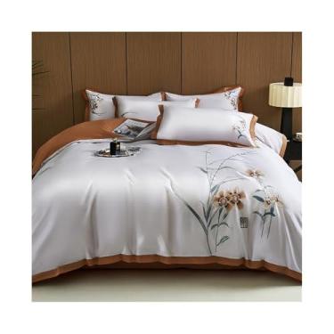 Imagem de Jogo de cama luxuoso estilo chinês bordado flores macio respirável 600TC algodão egípcio conjunto de capa de edredom 4 peças (laranja, Queen 200 x 230 cm 4 peças)