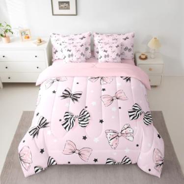 Imagem de Feelyou Conjunto de edredom com laço rosa, 7 peças, tamanho casal, kawaii, para crianças, adolescentes, estilo princesa sonhadora, decoração de quarto, microfibra leve e macia