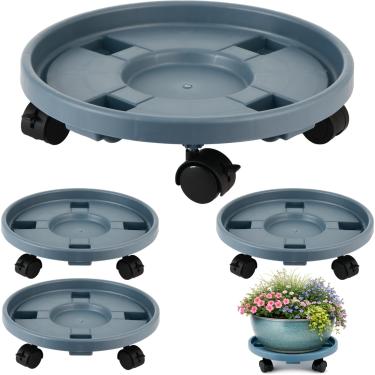 Imagem de Pacote com 4 40,64 cm Organizador de plantas extra grande com rodas Carrinho de plantas de plástico com rodízio de bloqueio Rolos de mudança de vaso de flores Suportes de plantas com rodas Pires de