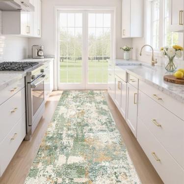 Imagem de Tapete de corredor tapetes laváveis para cozinha: 3x8 antiderrapante abstrato macio moderno resistente a manchas interior piso neutro tapete para corredor banheiro lavanderia entrada quarto - verde