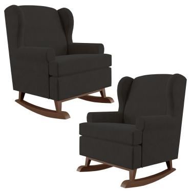 Imagem de Kit 02 Poltronas De Amamentação Com Balanço Malu Base De Madeira P02 Suede Preto - Lyam Decor