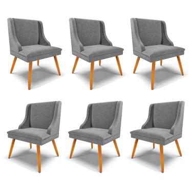 Imagem de Kit 6 Cadeiras Decorativas Sala de Jantar Pés Palito de Madeira Firenze Linho Grafite/Natural G19 - Gran Belo