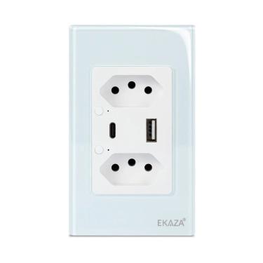 Imagem de Tomada Dupla com USB-A+USB-C 16A Vidro 2.5D - BRANCA
