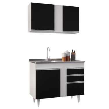 Imagem de Armário Aéreo Indiana E Balcão Gabinete 100cm Com Pia Inox Luziania Branco-preto - Lumil