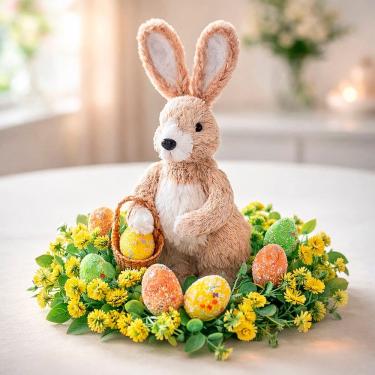 Imagem de Arranjo Enfeite Coelho Páscoa Flores Ovos Centro Mesa 38cm