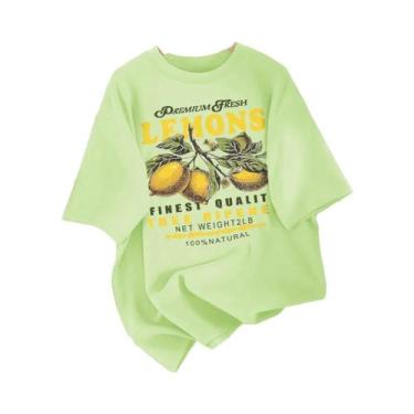 Imagem de Camiseta Feminina Solta De Algodão Com Estampa De Limão, Gola Redonda,