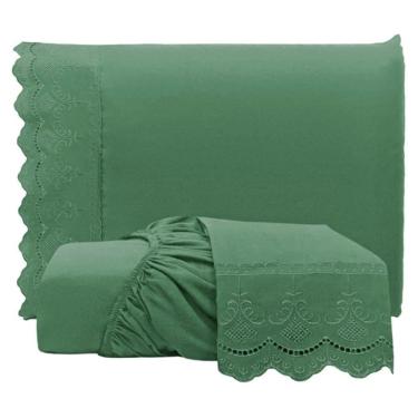 Imagem de Jogo De Lençol Queen Bordado Ingles Micropercal 300 Fios Toque De Algodão 3 Peças - Esmeralda
