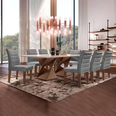 Imagem de Conjunto Sala de Jantar Tampo 200x90cm Vidro/mdf Genova com 8 Cadeiras Smart Plus Chocolate/Cinza/Off White