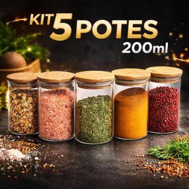 Imagem de Jogo de 5 potes herméticos de vidro tampa de bambu 200 ml - UDCHARMOSA