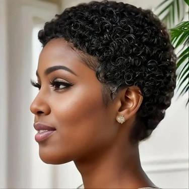 Imagem de Peruca Pixie Cacheada Preta Para Mulheres Negras, Cabelo Humano Natura