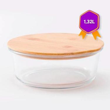 Imagem de Pote de Vidro Redondo 1,32L com Tampa de Bambu Micro-ondas Forno Freez