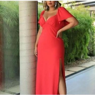 Imagem de Vestido longo Plus size com fenda cor única tamanho 48 - Lemon 