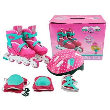 Imagem de Patins Infantil Inline + Proteção Rosa 34/37 Unitoys 1439