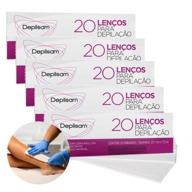 Imagem de Kit 100 Lenços para Depilação com Cera Roll-On Branco Depilsam 5 Pacotes com 20 Unidades