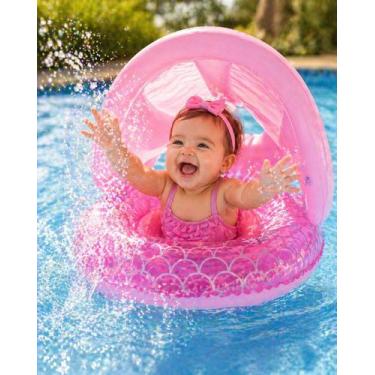 Imagem de Boia Sereia Bebe Inflável Cobertura Capota Assento Fralda Menina Rosa 