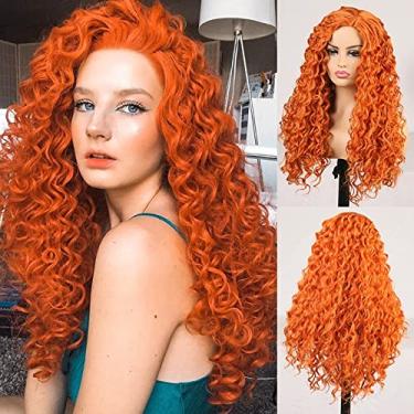 Imagem de Perucas femininas sintéticas afro crespo cor laranja ondulado natural peruca longa para mulheres negras e brancas cabelo de fibra de alta temperatura Perucas de cabelo humano (cor: laranja, comprimento esticado: 61 cm)