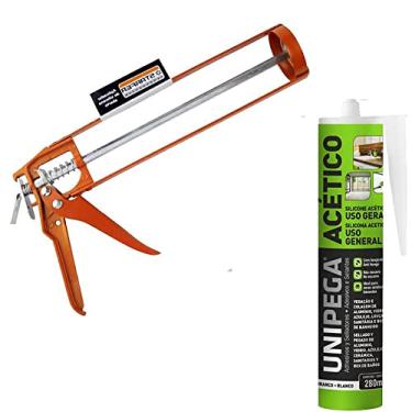 Imagem de Kit Aplicador de silicone aberto + Silicone Acético Profissional Branco 280ml Unipega