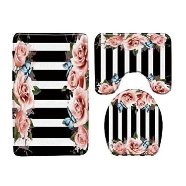 Imagem de Tapete de banho de flores e pássaros com fundo de listras pretas e brancas tapetes de banheiro conjunto de 3 peças tapete de banho tapete higiênico produtos de banheiro, 4940L, 400MMx600MM