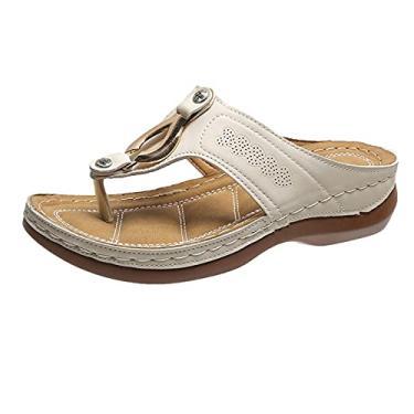 Imagem de Sandálias femininas elegantes verão plano ao ar livre casual sandálias de sola grossa respirável moda sapatos lazer feminino, Bege, 9