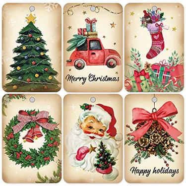 Imagem de 60 etiquetas vintage de , etiquetas de com cordão, etiquetas de pendurar de Natal com Papai Noel, perfeitas para embrulhar , decoração de casa (5 x 7 cm)