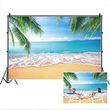 Imagem de DaShan – Fundo de praia tropical de poliéster de 2,4 m x 1,8 m com fundo havaiano para festa de luau à beira do mar, aniversário, praia, verão, chá de panela, fotografia, cenário de palmeira, casamento, decoração náutica, chá de bebê, acessórios para foto