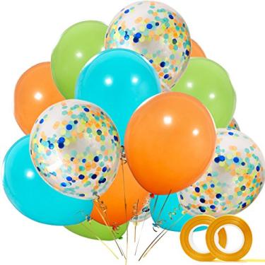 Imagem de Balões de dinossauro, pacote com 40, balões de látex laranja azul claro frutas verdes com balão de confete para chá de bebê, dinossauro, selva, jurássico, decorações de festa de aniversário, suprimentos com fita