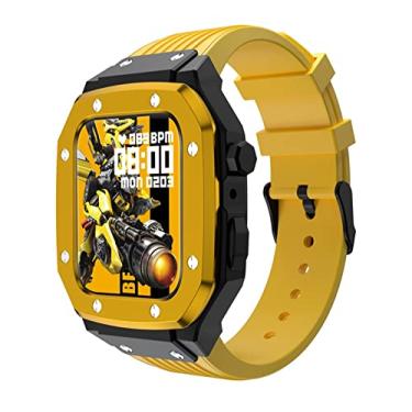 Imagem de KANUZ para Apple Watch Band Case Series 8 7 6 5 4 SE Pulseira de silicone com moldura de metal para série Iwatch 44MM 45MM 42MM Kit de modificação (Cor: Amarelo, Tamanho: 42MM)