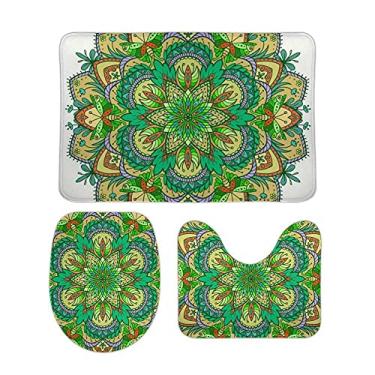 Imagem de Top Carpenter Conjunto antiderrapante de 3 peças de tapete de banheiro floral mandala cores verdes tapete macio + tampa de vaso sanitário + tapete de banheiro decoração de banheiro