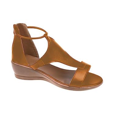 Imagem de Sandálias femininas de verão com zíper para o verão aberto sandálias de cor sólida plataforma sapatos femininos casuais bico anabela feminino, Marrom, 7.5