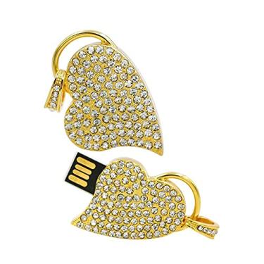 Imagem de Pen Drive USB em forma de coração de 64 GB, unidades USB cartão de memória, pen drive USB 2.0, pen drive, pen drive, armazenamento de data, disco com zíper, pendrive (dourado)