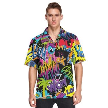 Imagem de Camisa masculina havaiana de manga curta com botões palmeira tropical árvore tropical verão camisetas esportivas coloridas para vestir, Comics Palm Tropical Tree Summer Colorido, G