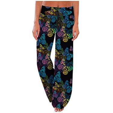 Imagem de Pijama feminino floral solto faixa atlética corte alto flare perna larga pijama pijama feminino 2024, Q-99 Preto, XXG