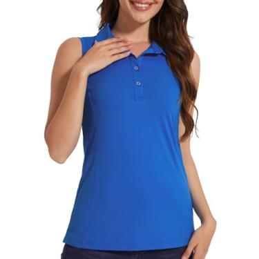 Imagem de Casei Camisetas polo femininas de golfe sem mangas FPS 50+ secagem rápida com gola regata atlética, Azul royal, XXG
