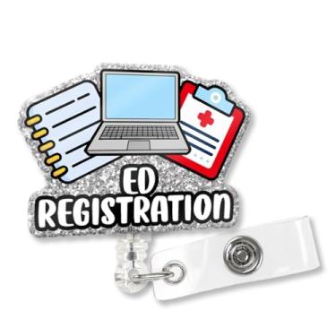 Imagem de XQLZY ED Registration Carretel de crachá de prata com glitter fofo retrátil com clipe de tubarão, prancheta engraçada suporte de crachá de livro de registro médico para enfermeira médica paramédico
