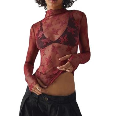 Imagem de Blusa feminina de malha transparente de manga comprida com gola alta, renda floral, blusa sexy transparente, C, vinho tinto 89, M