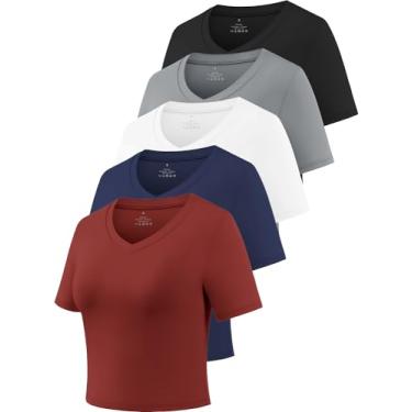 Imagem de Cosy Pyro Camisetas femininas cropped de manga curta e modelagem seca com gola V para ioga, Preto/cinza/branco/azul marinho/vinho, P
