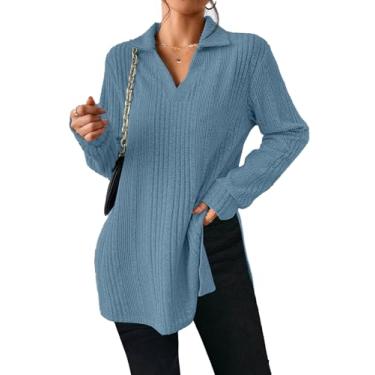 Imagem de AGSEEM Blusas femininas de renda manga comprida gola redonda túnica tops blusas 2023 outono, Azul - 01, M