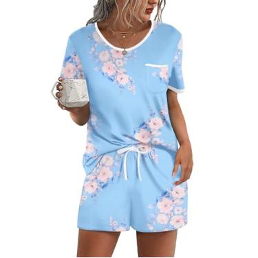 Imagem de Ekouaer Conjunto de pijama feminino, 2 peças, conjunto de pijama macio, bolso no peito, Flor - azul claro, P