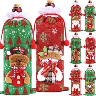 Imagem de 8 peças de sacos de presente de vinho de Natal, sacos de vinho de tecido, sacos de presente de garrafa de vinho com cordão com bonecos, boneco de neve, urso de alce, sacolas de vinho reutilizáveis,