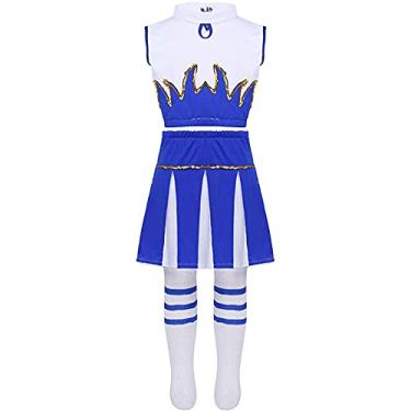 Imagem de TAIKMD Conjunto de uniforme infantil de líder de torcida sem mangas com gola redonda com saia e meias para festa de dança de carnaval (azul, 140 (8 a 10 anos))