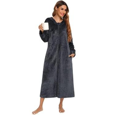 Imagem de LUBOSE Pijama feminino de flanela cor sólida roupão de banho quente manga comprida com zíper pijama para casa (GG, cinza)