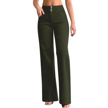 Imagem de roswear Calça jeans feminina casual de cintura alta elástica larga larga calça jeans solta, Verde militar, G