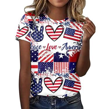 Imagem de Camisetas femininas vermelhas brancas e azuis listradas com estrelas dos EUA, jeans com bandeira americana, camisetas femininas do Dia da Independência, Branco, M