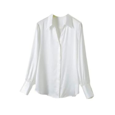 Imagem de Camisa feminina de seda feminina primavera gola V cetim manga longa blusa de seda, Branco, P